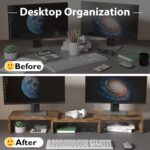 BONTEC Dual Monitor Stand Riser with Smartphone Holder, Adjustable Length & Swivel Angle, Ergonomic Wooden Desktop Organizer for PC Monitor, Laptop, Printer, Large Storage, Rustic Brown - Image 3