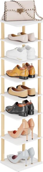 LUCKNOCK Vertical Shoe Rack, 8-Tier Tall Narrow Shoe Organizer for Entryway, Closet, Dorm & Small Spaces, Freestanding White Wooden Shoe Shelf Tower for Boots, Sneakers, Heels. - Image 4