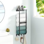 Towel Rack for Bathroom, Black Metal Wall Mounted Towel Holder with Shelf and 4 Hooks, Bathroom Towel Storage Organizer - Image 3