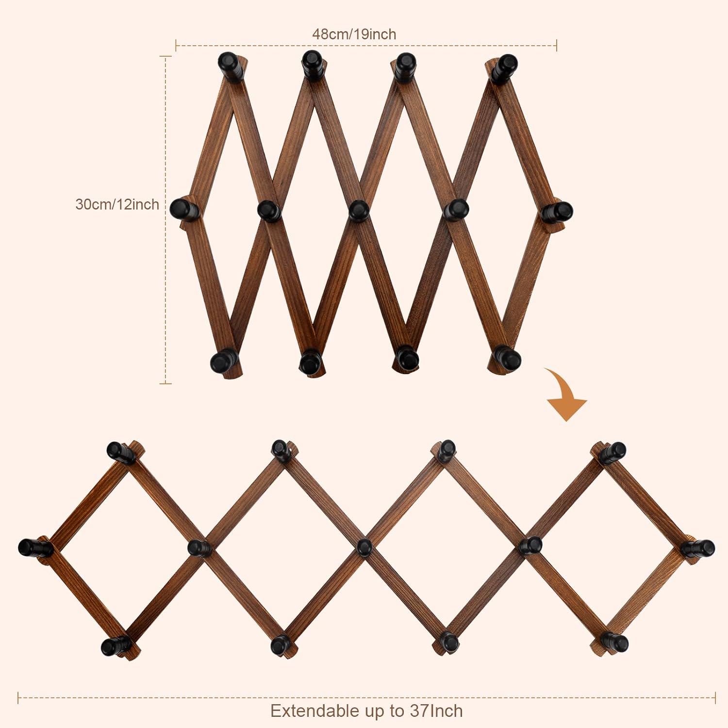 Accordion Wall Hanger, Wood Expandable Wall Mounted Hanger with 13 Hooks for Coats,Hats,Coffee Mug Ect,2 Pack Included,26 Pegs, Walnut Color,Retro Style, 14Inch - Image 3