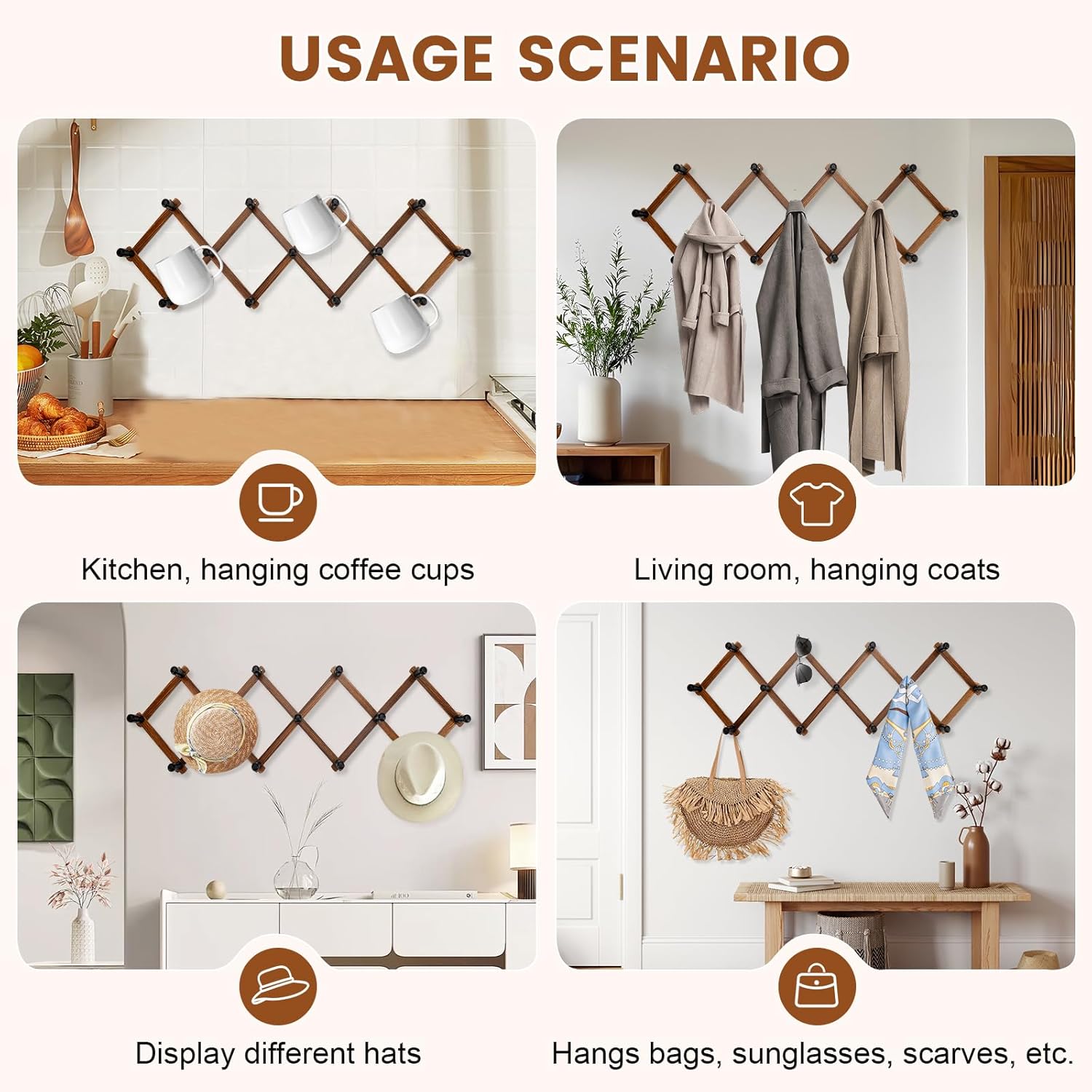 Accordion Wall Hanger, Wood Expandable Wall Mounted Hanger with 13 Hooks for Coats,Hats,Coffee Mug Ect,2 Pack Included,26 Pegs, Walnut Color,Retro Style, 14Inch - Image 4