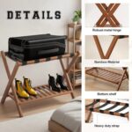 Bamboo Luggage Rack with Shoe Shelf Folding Suitcase Stand with 5 Heavy-Duty Straps for Guest Room Living Room Hotel Ideal Luggage Holder for Suitcases Bags Shoes,Walnut Brown - Image 3