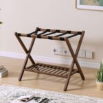 Bamboo Luggage Rack with Shoe Shelf Folding Suitcase Stand with 5 Heavy-Duty Straps for Guest Room Living Room Hotel Ideal Luggage Holder for Suitcases Bags Shoes,Walnut Brown - Image 4