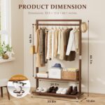 Solid Wood Clothes Rack with Wheels | 3-in-1 Freestanding Garment Rack & Coat Tree, Extra-Long Rod, Two Shelves, 220 lb Load | Organizer for Bedroom & Entryway - Image 3