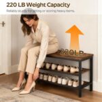 Wooden Shoe Bench, 3-Tier Industrial Shoe Storage Bench, Sturdy Shoe Rack Bench with Storage for Entryway, Living Room, Halley, Space Saving, Rustic Brown and Black HX06BR - Image 4