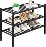 3 Tier Bamboo Shoe Rack for Closet Free Standing Wood Shoe Shelf Storage Organizer for Entryway Small Space Stackable 27"x11"x20" (Black) - Image 2
