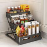 3 Tier Foldable Spice Rack for Countertop Iron Kitchen Seasoning Organizer for Cabinet, Black - Image 2