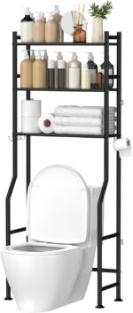 3-Tier Over The Toilet Storage, Space Saver Metal Bathroom Shelves, Freestanding Above Over Toilet Storage Shelf with 4 Hooks for Bathroom, Black - Image 2