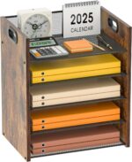 5 Tier Wood Paper Organizer for Desk, Metal Office Organizer and Accessories with Handle, Mesh File Holder for Desk, File Cabinets for Home Office, School - Image 2