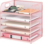 5 Tray Paper Organizer Letter Tray with Handle - Mesh Desk File Organizer, Paper Sorter Organizer for Office, Home or School File Folder Holder - Pink - Image 2
