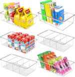 6 Pack Food Storage Organizer Bins Clear Plastic Removable Snack Organizer Pantry Organization Storage Racks with 3 Dividers, Kitchen, Cabinets Snacks, Packets, Spices, Pouches Stackable Bins - Image 2