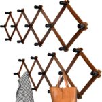Accordion Wall Hanger, Wood Expandable Wall Mounted Hanger with 13 Hooks for Coats,Hats,Coffee Mug Ect,2 Pack Included,26 Pegs, Walnut Color,Retro Style, 14Inch - Image 2