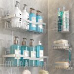 Adhesive Shower Caddy, No Drilling Bath Organizers 5 Pack, Rustproof Shelves with Soap Holder & Toothbrush Holder, Bathroom Organizers and Storage, Silver - Image 2
