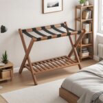 Bamboo Luggage Rack with Shoe Shelf Folding Suitcase Stand with 5 Heavy-Duty Straps for Guest Room Living Room Hotel Ideal Luggage Holder for Suitcases Bags Shoes,Walnut Brown - Image 2