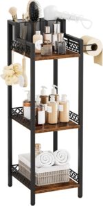 Bathroom Storage Shelf Hair Dryer Holder, 3-Tier Narrow Metal Standing Rack with Toilet Paper Holder, Multifunctional Corner Unit Rack for Cosmetic, Curling Irons (9.85“ Black Without Drawer) - Image 2