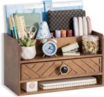 Brown Wood Desk Organizer and Accessories with Drawer, Bill Mail Organizer and File Mail Holder for Office Supplies, Desk Accessories & Workspace Organizers - Image 2