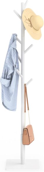 Coat Rack Freestanding with Stable Square Base for Cloathes, Hat, Used in Bedroom, Office and Entryway, Sturdy and Easy Assembly Coat Tree with 3 Adjustable Sizes and 8 Hooks, White - Image 2