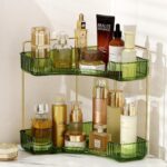 Corner Bathroom Counter Organizer Bathroom Countertop Shelf Makeup Organizer for Vanity Perfume Tray for Corner Storage (2 Tiers, Green) - Image 2