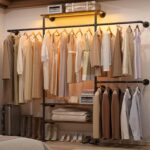 Cyclysio Industrial Pipe Clothing Rack, Reversible 7.25FT Wall Mounted Clothes Rack, Heavy Duty Garment Racks Closet Wardrobe with LED Lights& Shelves, Walk-in Closet System, Brown - Image 2