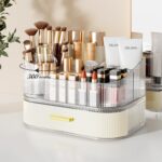 Delamu Makeup Organizer for Vanity with Stackable Drawers, 360 Rotating Makeup Brush Holder Large Cosmetic Display Case, Bathroom Skincare Storage, Elegant White, Ideal Christmas Gifts for Girls - Image 2