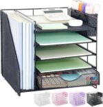 Desk Organizer with Drawer and Pen Holder, 5-Tier Paper Letter Tray Organizer with File Holder, Suitable for Workspace Organizer Office Supplies Storage (Black) - Image 2