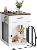 Dog Crate Furniture, Wooden Dog House with Charging Station and Storage Drawer, Indoor Pet Crate End Table for Small Breeds, for Living Room, Bedroom, White and Walnut MGW01UWL - Image 2