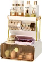 FOLLOWIN 3 Tiers Makeup Organizer with Drawer,Cosmetic Display with Lipsticks Brush Holder,Cosmetics and Beauty Supplies Organizers for Vanity,Dresser,Bathroom Desktop Countertop Organizer,Amber - Image 2