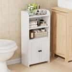 Homhedy Small Bathroom Storage Cabinet, Freestanding Toilet Paper Storage with 2 Doors and Shelves, Bathroom Organizers and Storage for Small Spaces, Laundry Room, 7.9" D x 14.6" W x 31" H, White - Image 2