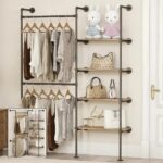 Industrial Pipe Clothing Rack, Heavy Duty Adjustable Garment Hanger with Shelves, 2 Installation Methods Closet Storage System for Wardrobe Organization (Black, 80" H x 55" W) - Image 2