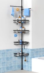 KEGII Black Shower Caddy Tension Pole with 2 Towel Bars, Adjustable Corner Bathroom Organizer, Rustproof Bathtub Storage Shelves for Shampoo, 25–114.2 Inch Shower Corner Rack for Renters & Family - Image 2