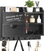 Key Holder Wall Mount, 14.5x11.2x3.5'' Larger 3-Tier Shelf 8 Hooks Drawer Storage,Wooden Key and Mail Holder for Wall,Farmhouse,Home,Living Room,House,Office Decor,Hats,Bag,Dog Leash Hanger Organizer - Image 2