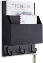 Key and Mail Holder for Wall Mount, Entryway Mail Holder with 2 Slot, Key Holder with 3 Sturdy Hooks for Coat, Dog Leash, Decorative Key Rack (8.86”W x 11.42”H x 3”D) (Black) - Image 2