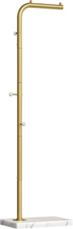L Shaped Glod Coat Rack, Metal Coat Tree, Modern Clothes Rack with 3 Hooks and Thickened Base, Floor Standing Coat Hanger Stand, for Entryway, Living Room, Cloakroom, Gold and White YM01DWY1 - Image 2