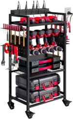Large Power Tool Organizer Cart with Charging Station, Garage Floor Standing Rolling Drill and Tools Battery Storage Cart on Wheels, Heavy Duty Utility Rack Shelf for Men, Husband, Father. - Image 2