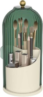 Makeup Brush Holder with Dustproof Cover 360 Rotating Makeup Brush Organizer for Vanity Bathroom, Green - Image 2