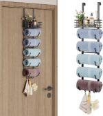Over The Door Towel Racks for Bathroom,6 Tier Towel Rack Wall Mounted with Metal Shelf and Hooks,Rolled Towel Storage for Bathroom Door Holder Organizer Hanging,Black - Image 2