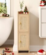 Rattan Small Bathroom Cabinet with 2 Doors, Narrow Toilet Paper Storage Cabinet, Bathroom Organizer for Small Spaces, Wooden Slim Corner Floor Unit with Adjustable Shelves, Natural Oak - Image 2