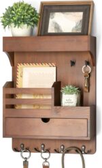 Rebee Vision Farmhouse Key Holder Wall Mount with Drawer Organizer – Pine Wooden Mail and Key Organizer for Wall with 6 Sturdy Hooks & Floating Shelf – Perfect for Retro Living Room Decor (Brown) - Image 2