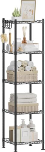 SONGMICS 5-Tier Bathroom Shelf, Storage Rack for Small Space, with 5 PP Shelf Liners, Removable Hook, Extendable Design, Ink Black and Translucent ULGR23BK - Image 2