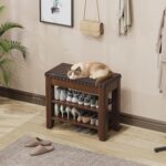 Shoe Bench for Entryway, Solid Rubberwood Shoe Bench with Hidden Storage, Adjustable 2-Tier Shelves & Soft PU Leather Seat, Shoe Rack Durable Easy Assembly for Hallway or Bedroom - Brown, 23.6" - Image 2