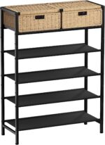 Shoe Rack, 5 Tier Shoe Storage Organizer with 2 Hand Woven Drawers, Metal Shoe Shelf for 16-20 Pairs of Shoes, with 4 Fabric Shelves and Woven Top, Shoe Stand for Closet Entryway, Rustic Oak - Image 2