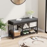 Shoe Rack Bench with Cushion,2 Tiers Shoe Bench with Flip-Top Storage,Wood Shoe Rack for Entryway, Hallway, Bedroom, Front Door Entrance (Black) - Image 2