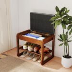 Shoe Rack Bench with Flip-Top Storage, Rubberwood 2-Tier Shoe Organizer with Cushion, Small Wooden Shoe Stand for Entryway, Mudroom, Hallway, Closet, Front Door Entrance, Foyer - Image 2