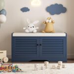 Shoe Storage Bench with Padded Seat Cushion, Classic Louvre Doors Shoe Bench for Entryway, Living Room, Bedroom, 13.7" Dx36.6 Wx18.3 H,Vintage Blue - Image 2