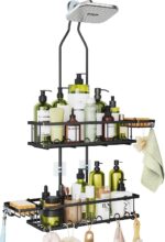 Shower Caddy Hanging: Adjustable Height Organizer for Over Showerhead - Black Rustproof Shower Shelves with Hooks & 2 Soap Holders - Image 2