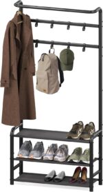 Simple Houseware Coat Rack with Storage Shelf, Freestanding Hall Tree with Hooks for Entryway, Bedroom, Office, Black Metal Clothes Hanger Stand for Coats, Hats, Jackets, Bags - Black - Image 2