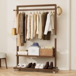 Solid Wood Clothes Rack with Wheels | 3-in-1 Freestanding Garment Rack & Coat Tree, Extra-Long Rod, Two Shelves, 220 lb Load | Organizer for Bedroom & Entryway - Image 2