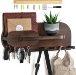 Solid Wood Mail and Key Holder for Wall Decorative Display - Includes Mail Holder, Shelf with Hooks for Keys & Pegs for Hanging Hats, Coats, Bags, Backpacks & More - Sleek Modern Design, Walnut Brown - Image 2