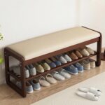 Solid Wood Shoe Bench, Shoe Rack with Leather Cushion, 2-Tier Entryway Storage for Hallway, Easy Assembly, 580lb Weight Capacity, 31.5" L x 14.2" W x 16.5" H - Image 2