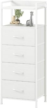 Somdot White Nightstand with 4 Drawers, Vertical Storage Tower Fabric Dresser for Bedroom, Nightstand Bedside Table Furniture, Sturdy Steel Frame, Wooden Top & Easy Pull Fabric Bins - Image 2